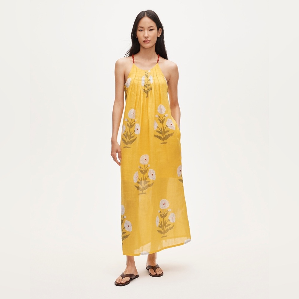 NWT J.Crew Beaded-Strap Dress in Marigold Block-Print Ramie